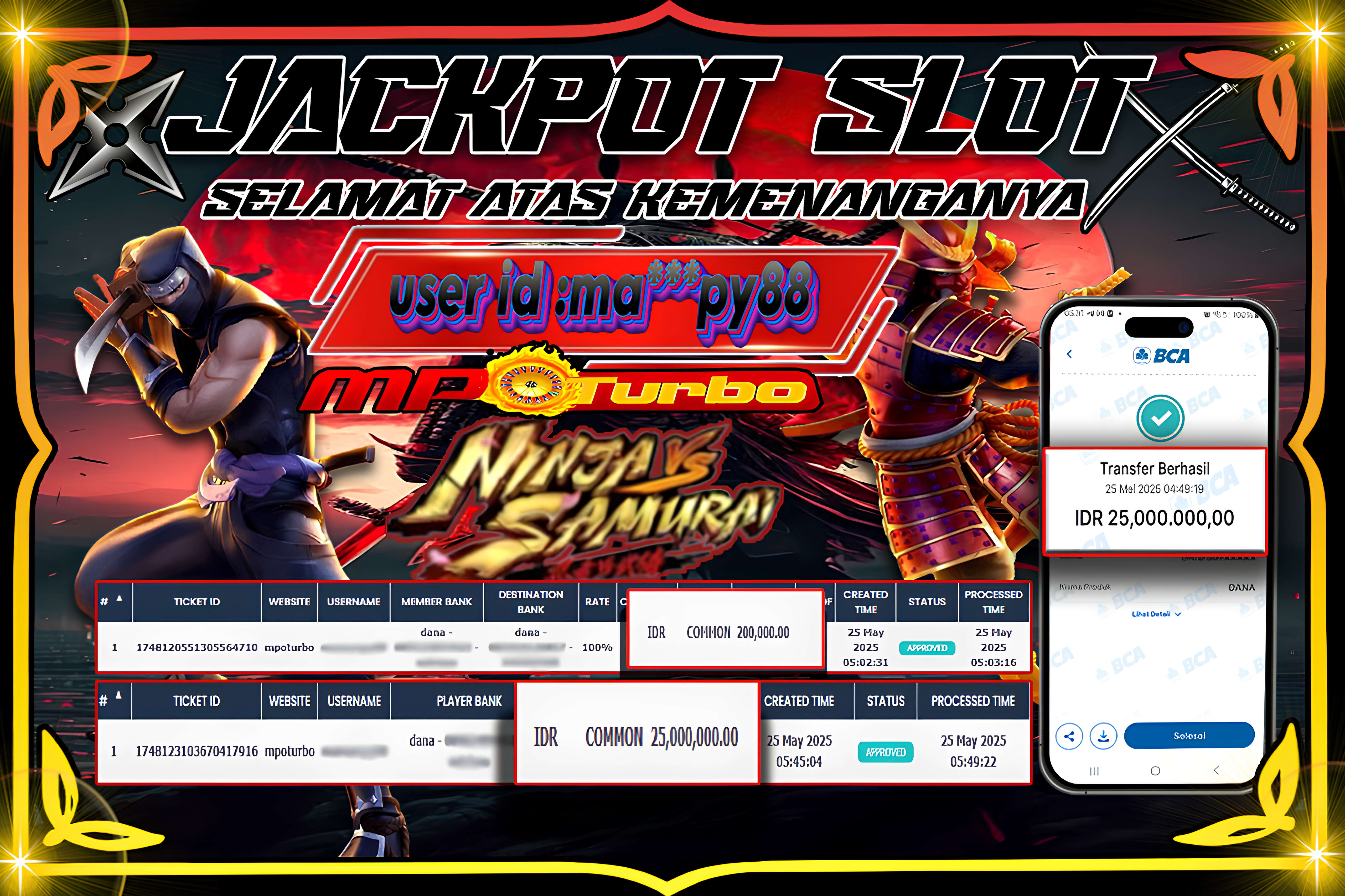 MPOTURBO JACKPOT SLOT NINJA VS SAMURAI- PG SOFT Rp 25,000,000.00,- LUNAS